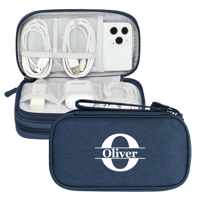 Navy blue travel case with 'Oliver' branding, containing electronic accessories.