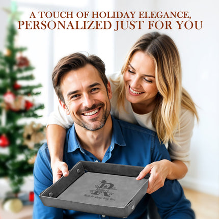Engraved Christmas Leather Valet Tray - Gray