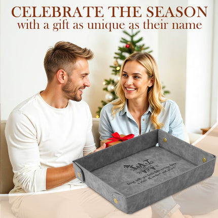Engraved Christmas Leather Valet Tray - Gray