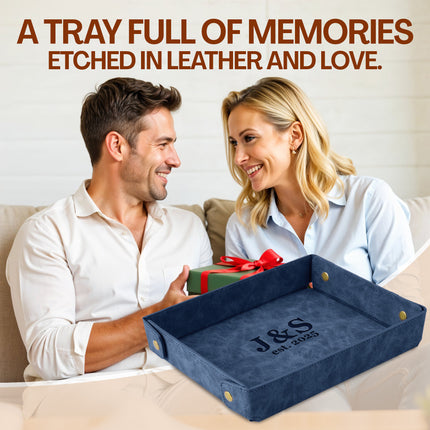Engraved Leather Valet Tray for Couples - Blue
