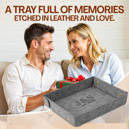 Engraved Leather Valet Tray for Couples - Gray