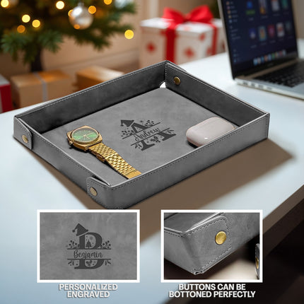 Engraved Christmas Leather Valet Tray - Gray
