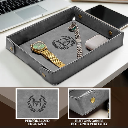 Engraved Leather Valet Tray for Men – Gray