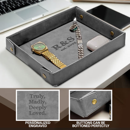 Engraved Leather Valet Tray for Couples - Gray