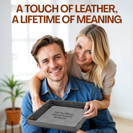 Engraved Leather Valet Tray for Couples - Gray
