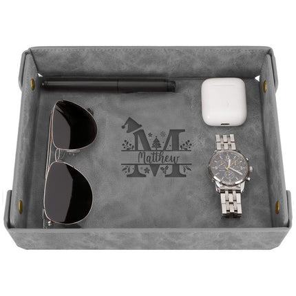 Engraved Christmas Leather Valet Tray - Gray