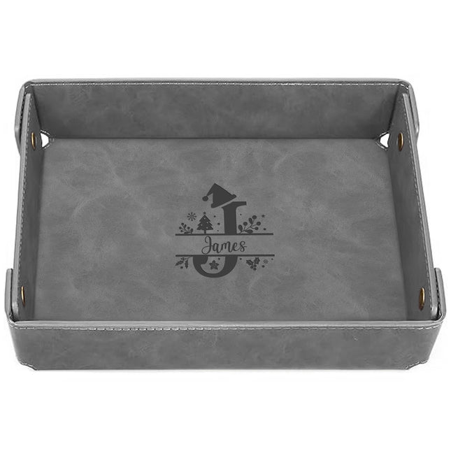 Engraved Christmas Leather Valet Tray - Gray
