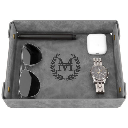 Engraved Leather Valet Tray for Men – Gray