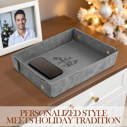 Engraved Christmas Leather Valet Tray - Gray