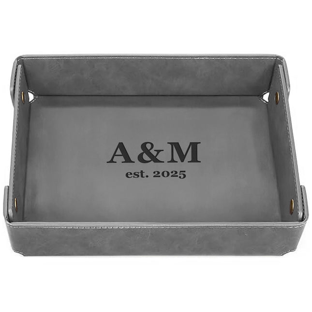 Engraved Leather Valet Tray for Couples - Gray