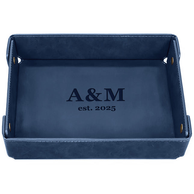 Engraved Leather Valet Tray for Couples - Blue