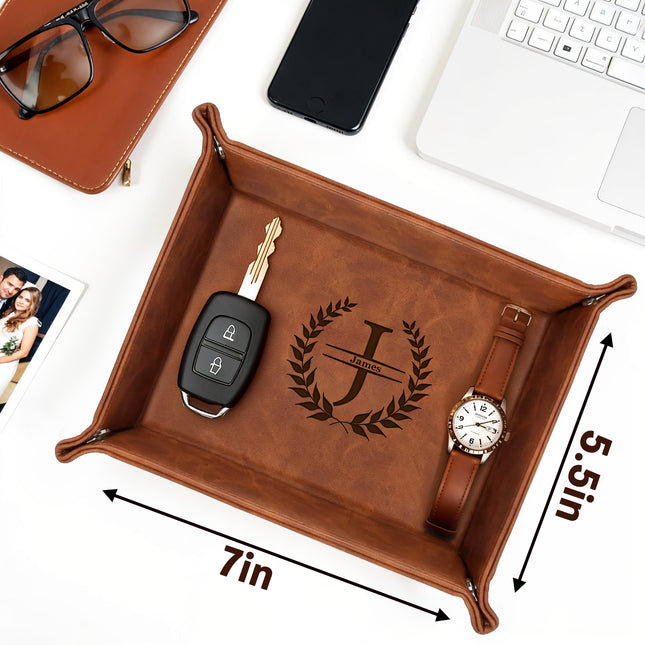 Personalized Engraved Leather Tray for Men with Engraved Name