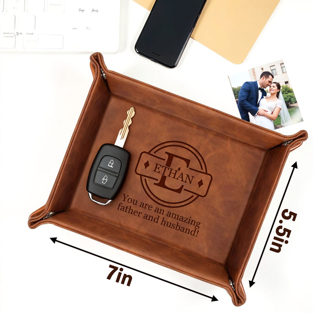 engraved leather tray with custom name personalized anniversary idea for him and her jewelry organizer tray for dresser desk nightstand