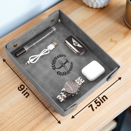 Engraved Leather Valet Tray for Men – Gray