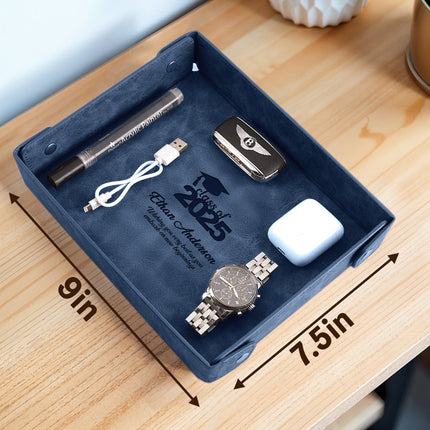 Engraved PU Leather Valet Tray Graduation - Blue