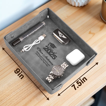 Engraved Leather Valet Tray for Couples - Gray