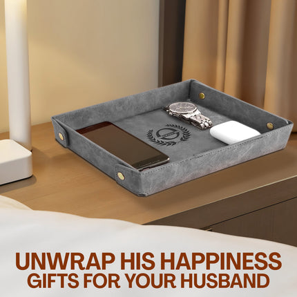Engraved Leather Valet Tray for Men – Gray
