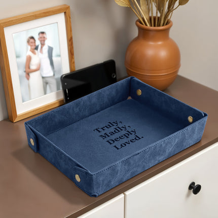 Engraved Leather Valet Tray for Couples - Blue