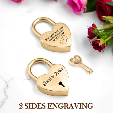 gold heart shape padlock with custom engraving personalized lock with key 2 sided text mini vintage lock for travel locker memory box couples keepsake