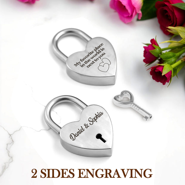 silver heart shape padlock with custom engraving personalized lock with key 2 sided text mini vintage lock for travel locker memory box couples keepsake
