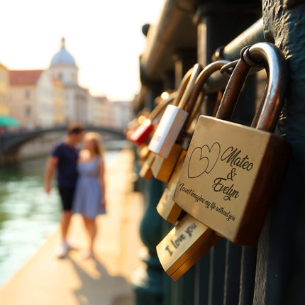 Love locks on a bridge with a blurred background of people and buildings.