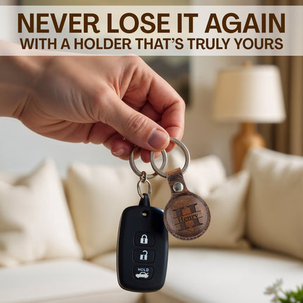 Hand holding a keychain with a remote control, text 'Never lose it again with a holder that's truly yours'.