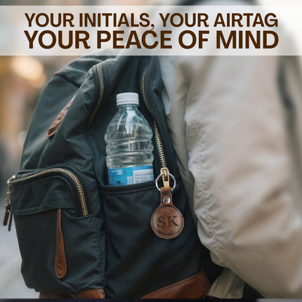 Person wearing a backpack with a water bottle and a keychain with initials, text about Airtag and peace of mind.