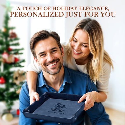 Engraved Christmas Leather Valet Tray - Blue
