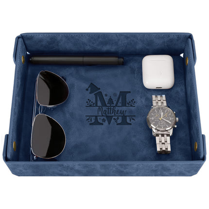 Engraved Christmas Leather Valet Tray - Blue