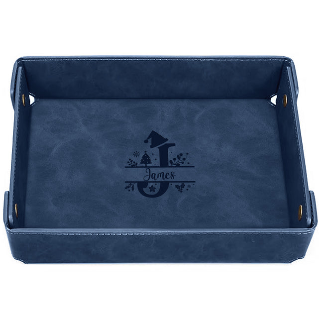 Engraved Christmas Leather Valet Tray - Blue