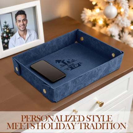 Engraved Christmas Leather Valet Tray - Blue