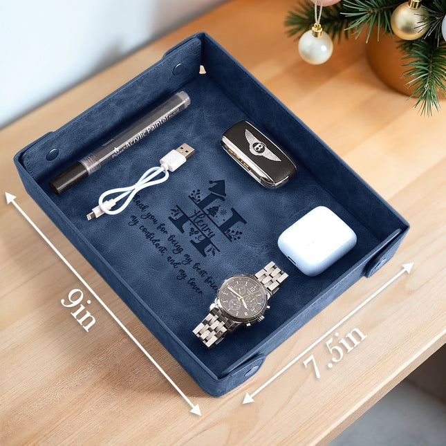 Engraved Christmas Leather Valet Tray - Blue