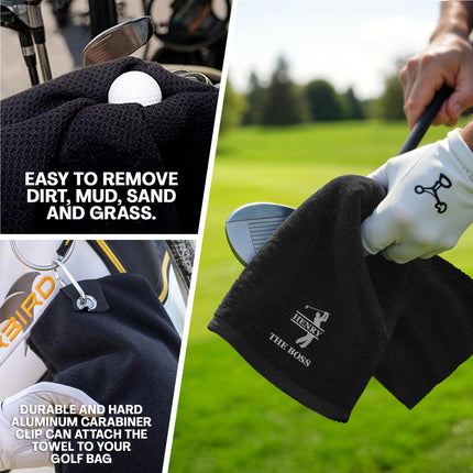 Golf towel with Henry The Boss logo being used on a golf course, with text highlighting features.