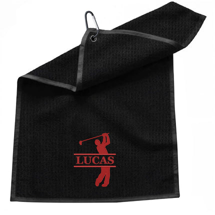 Black towel with red 'LUCAS' logo on a white background