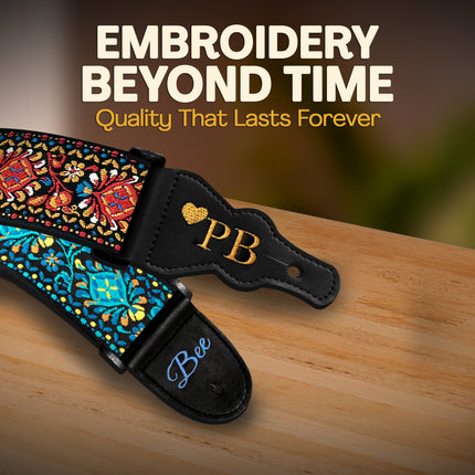 Custom Blue Woven Vintage Design Guitar Strap W/FREE BONUS- 2 Picks + Strap Locks + Strap Button