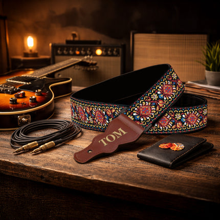 Custom Woven Vintage Design Guitar Strap W/FREE BONUS- 2 Picks + Strap Locks + Strap Button