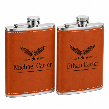 Personalized Engraved Leather Hip Whiskey Flask 8 oz Stainless Steel- Set of 2
