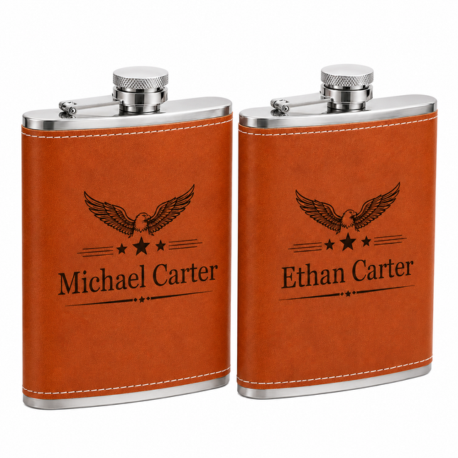Personalized Engraved Leather Hip Whiskey Flask 8 oz Stainless Steel- Set of 2
