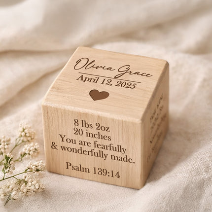 Wooden block with engraved baby details and Bible verse on a soft fabric background