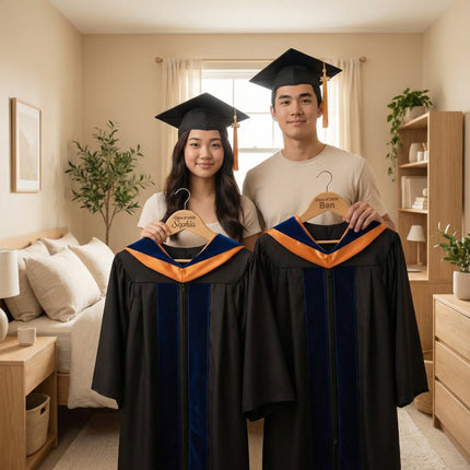 Two individuals in graduation gowns and caps holding hangers with names on them in a room.
