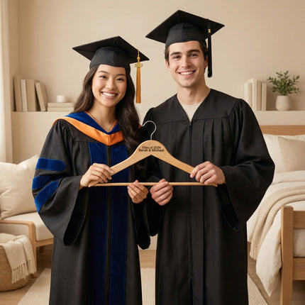 Two graduates in caps and gowns holding a hanger with a diploma.
