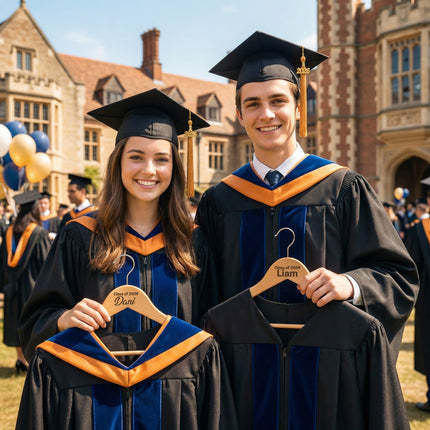 Two graduates in caps and gowns holding hangers with their names on them, standing in front of a university building.
