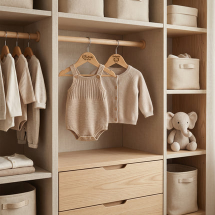 Children's closet with baby clothes, a romper, and a teddy bear on shelves.