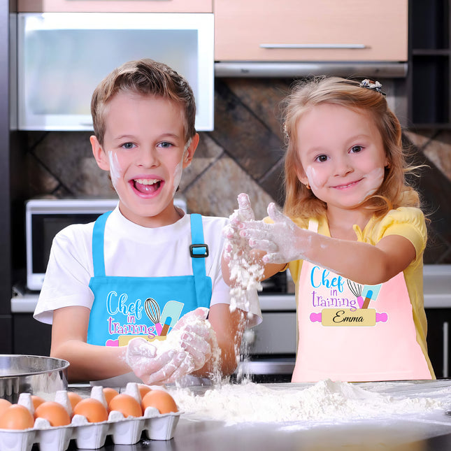 personalized kids apron chef in training with custom name custom childrens cooking little helper kitchen apron unisex baking apron for boys and girls custom gift for toddler boys and girls