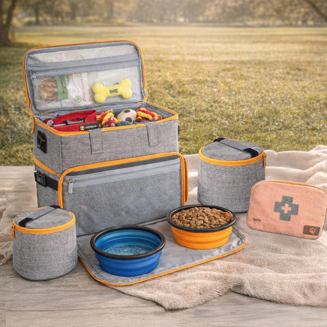 Outdoor travel kit with pet supplies on a wooden surface with a grassy field background