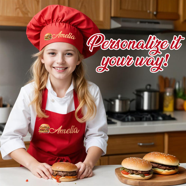 Personalized kids Kitchen Cooking Apron Customized Toddler Chef Hat for Boys and Girls Unisex -Burger