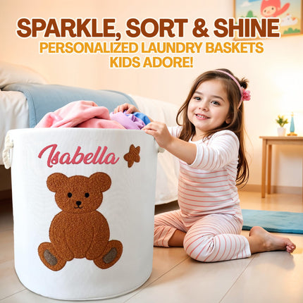 Custom Embroidered Name Teddy Bear Kids Laundry Hamper