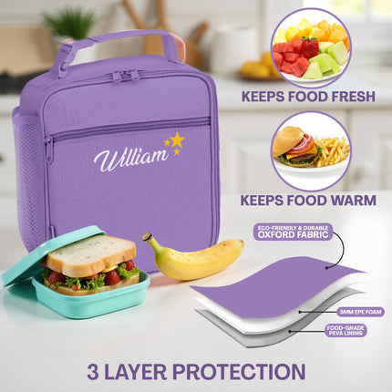 Purple lunch bag with 'William' branding, surrounded by food items and features highlighted.
