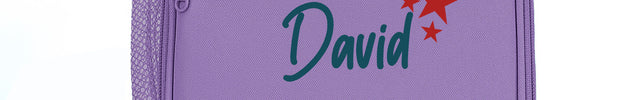 Purple lunch bag with 'David' branding, a sandwich, and an apple on a white background