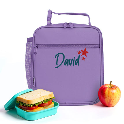 Purple lunch bag with 'David' branding, a sandwich, and an apple on a white background